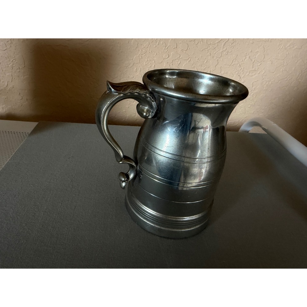 English Pewter Tankard Mug Sheffield England Vintage Ornate Handle 5 Inch